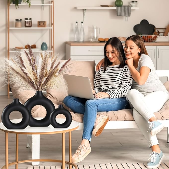 Black Ceramic Vases -for Modern Home Decor,Black Round Vase Set 3 Matte Design Minimalist Nordic Boho Style for Wedding Dinner Table Living Room Office Bedroom, Decorative Gift