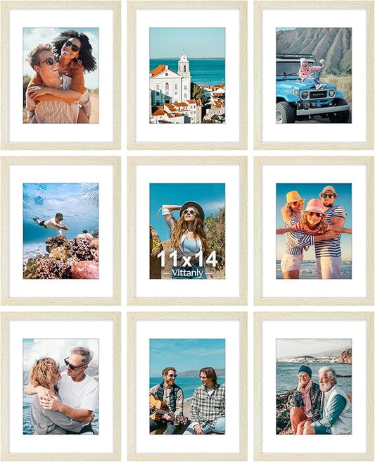 Vittanly 11x14 Picture Frames Set of 9, Shatter Resistant Plexiglass, Display 8x10 Pictures with Mat or 11x14 without Mat, Photo Frames for Wall or Tabletop, Engineered Wood, Cornsilk