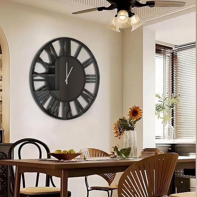 SHYFOY 39" Modern Black Mirror Finish Wall Clock with Roman Numerals - Large Silent Non-Ticking Decorative Clock for Living Room, Bedroom, and Office - Easy to Hang