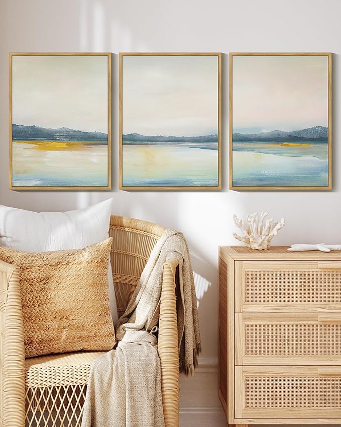 KUVIOKE Abstract Landscape Framed Wall Art Minimalist Neutral Illustrations Modern Art Decorative Nordic Home Decor 12x16in (Natural Framed)