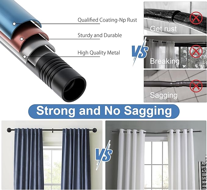 OEMQOBE Curtain Rods for Windows 16 to 84 Inches, Heavy Duty Industrial Curtain Rods 2 pack, Adjustable Wrap Around Blackout Curtains Rod, Black 1 Inch Indoor/Outdoor Drapery Rod