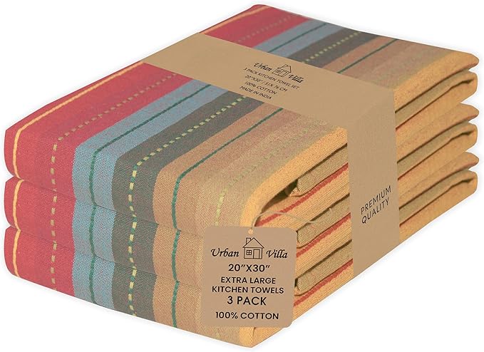 Urban Villa Kitchen Towels, Cuisine Stripes,Premium Quality,100% Cotton Dish Towels,Mitered Corners,Ultra Soft (Size: 20X30 Inch), Red Multi, Highly Absorbent Bar Towels & Tea Towels - (Set of 3)