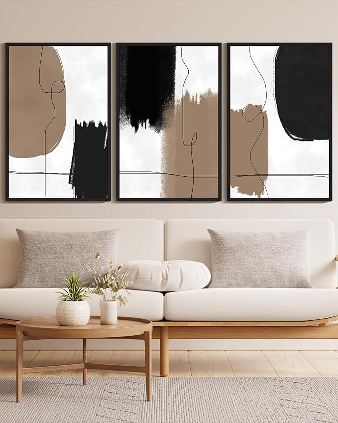 KUVIOKE Neutral Abstract Framed Wall Art Beige Mid Century Textured Wall Decor Minimalist Line Modern Illustrations Art Print Home Decor 24x36in (Black Framed)