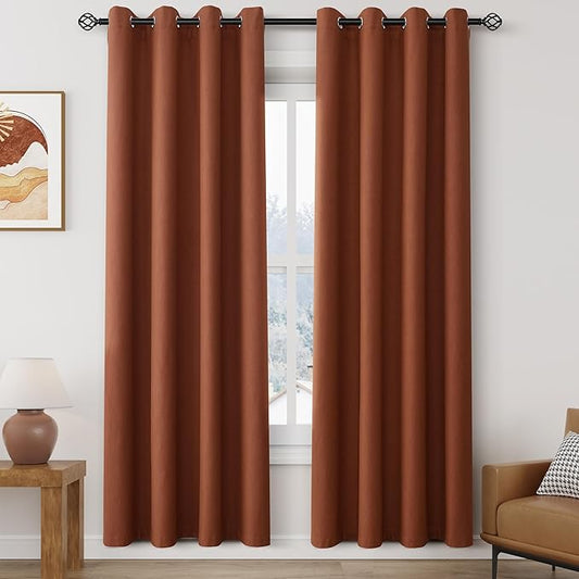 100% Blackout Linen Curtains for Bedroom Thermal Insulated Grommet Complete Blackout Drapes 80 Inch Length 2 Panels Set Heat and Full Light Blocking Living Room Darkening Curtains Terracotta
