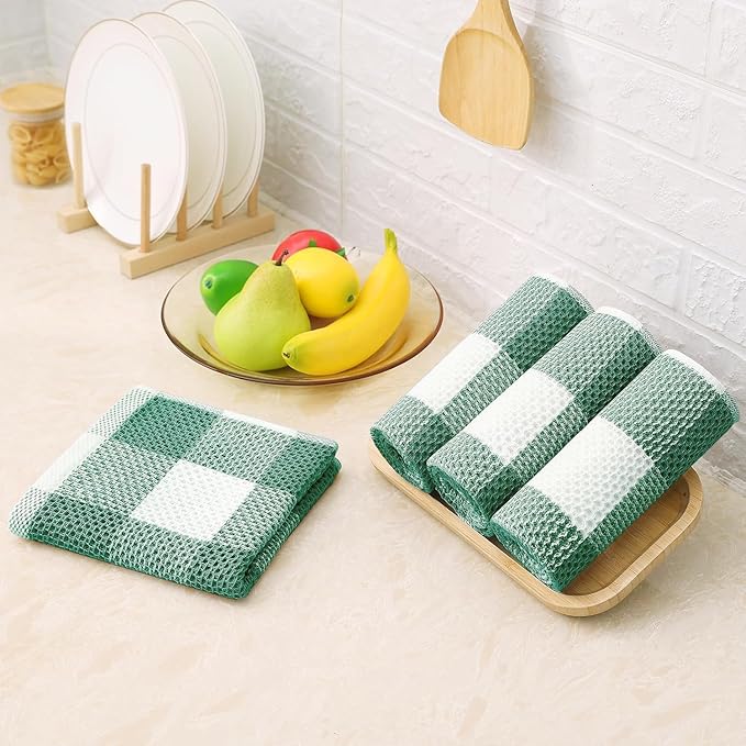 Homaxy 100% Cotton Waffle Weave Check Plaid Kitchen Towels, 13 x 28 Inches, Super Soft and Absorbent Dish Towels for Drying Dishes, 4-Pack, White & Dark Green