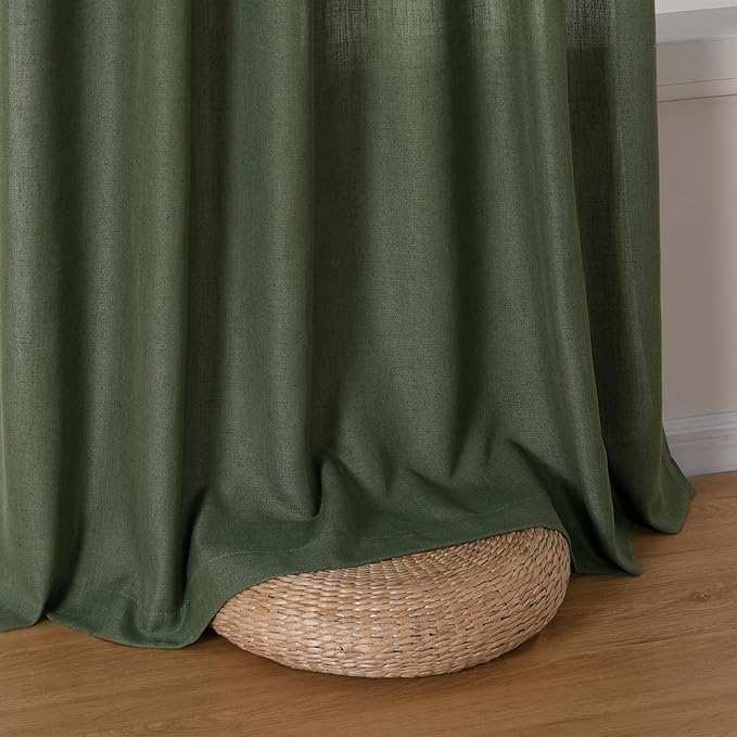 Guken Olive Green Linen Curtains 90 Inch Length for Living Room Bedroom 2 Panels Set Rod Pocket Light Filtering Semi Sheer Window Curtains 52 Inch Width Boho Farmhouse Linen Drapes, W52xL90