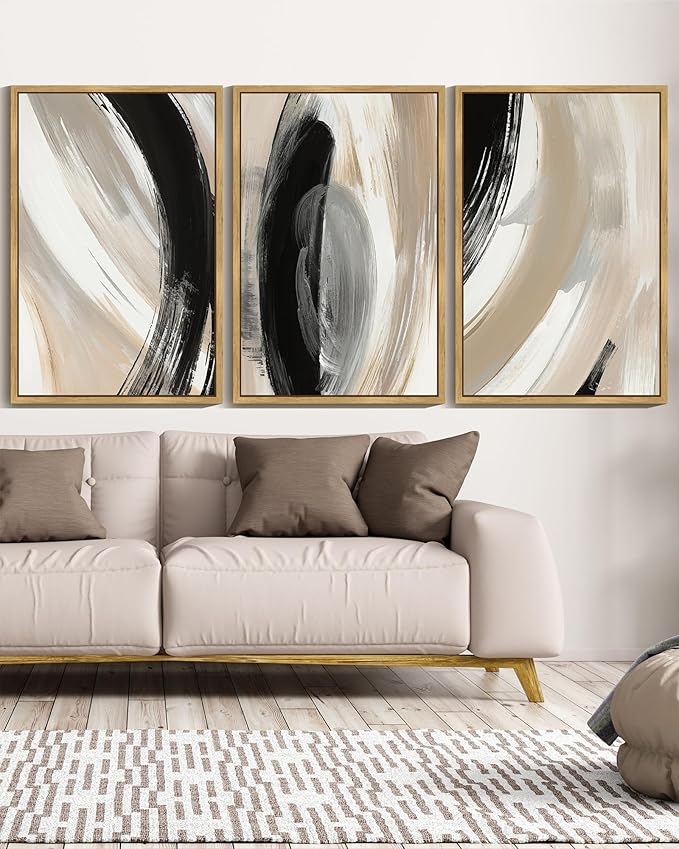 KUVIOKE Modern Abstract Framed Wall Art Black Neutral Minimalist Ink and Wash Graffiti Pastel Wall Decor for Bedroom Living Room 24x36in (Natural Framed)