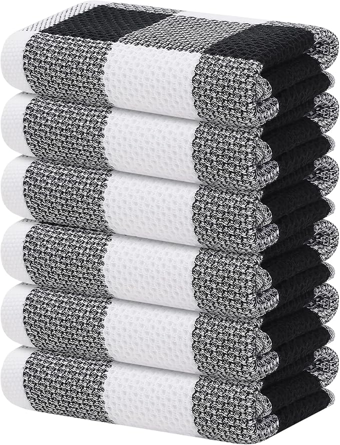 Homaxy 100% Cotton Waffle Weave Check Plaid Kitchen Towels, 13 x 28 Inches, Super Soft and Absorbent Dish Towels for Drying Dishes, 6-Pack, White & Black