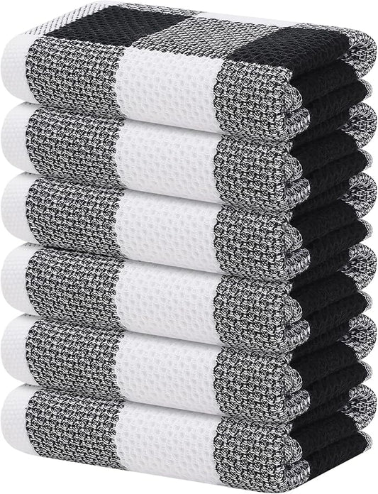 Homaxy 100% Cotton Waffle Weave Check Plaid Kitchen Towels, 13 x 28 Inches, Super Soft and Absorbent Dish Towels for Drying Dishes, 6-Pack, White & Black