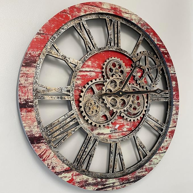 ImprovingLife The Gears Clock The Original Real Moving Gear Wall Clock Vintage Industrial Oversized Rustic Farmhouse (24 inch (60cm),Red Lava)