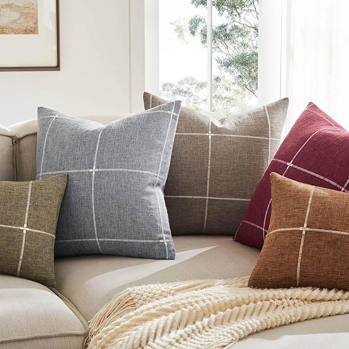 2 Packs Grid Embroidery Lumbar Throw Pillow Covers, 12x20 Inch Burgundy, Farmhouse Linen Decorative Red Cushion Covers for Sofa Bed Living Room Home Decor