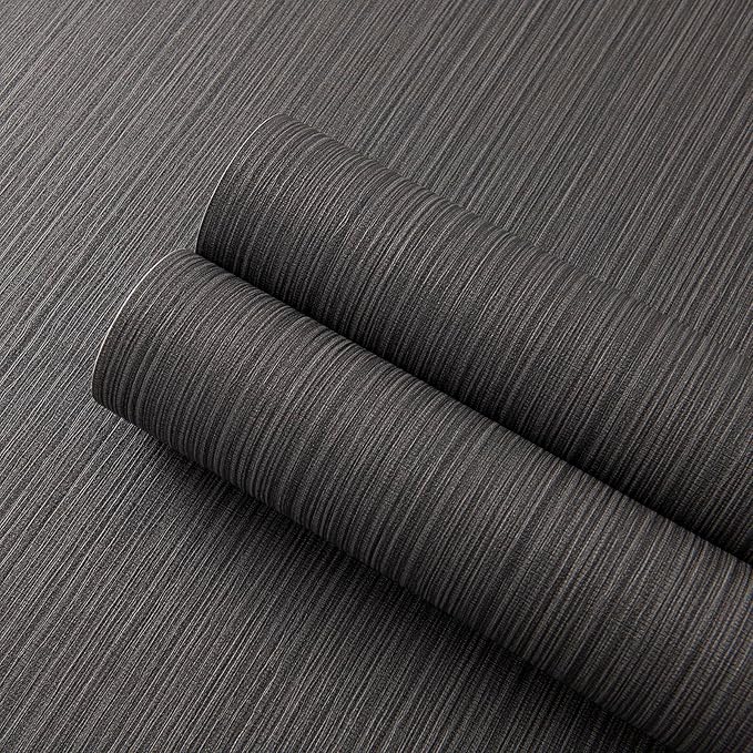 Black Grasscloth Peel and Stick Wallpaper Linen Textured 24"x787" Faux Grassweave Upgraded Thick Extra Large Self-Adhesive Neutral Contact Paper Vinyl Roll for Home Use