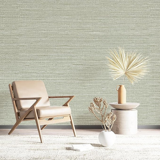 Simon&Siff Green Textured Grasscloth Peel and Stick Wallpaper 17.7"x197" Neutral Faux Grassweave Waterproof Self Adhesive Removable Wallpaper Mural for Home Decor Bedroom Kitchen Cabinet