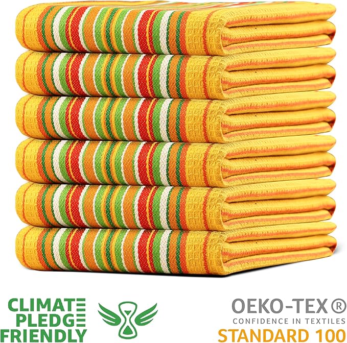 Urban Villa Kitchen Towels Waffle Stripes Dish Towels for Kitchen Mustard Color Set of 6 Kitchen Towels Highly Absorbent 100% Cotton Over Sized 20X30 in with Mitered Corners Kitchen Hand Tea Towels