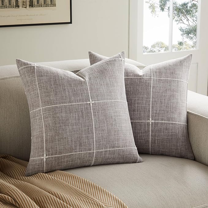 2 Packs Grid Embroidery Throw Pillow Covers, 16x16 Inch Brown, Farmhouse Linen Decorative Brown Cushion Covers for Sofa Bed Living Room Home Decor