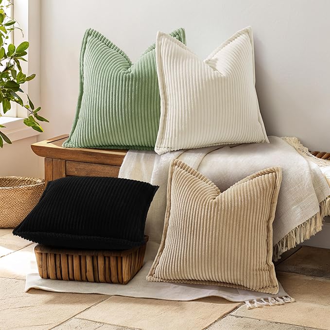 decorUhome Corduroy Black Throw Pillow Covers 22x22 Set of 2 Decorative Soft Boho Farmhouse Euro Couch Pillow Covers for Living Room Bed Sofa Broadside Striped Pillow Cases