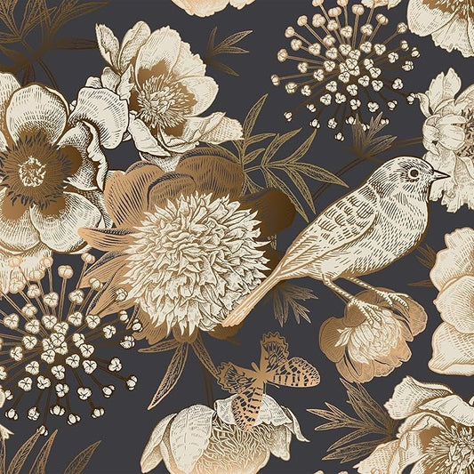 Floral & Birds Peel and Stick Wallpaper Antique Gold Dark Self Adhesive Removable Floral Wallpaper for Bedroom Renter Friendly Floral Contact Paper for Bedroom Bathroom Walls Shelf Liner 17.7"x236.2"