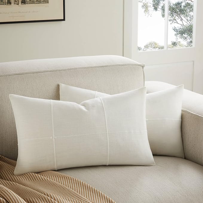 2 Packs Grid Embroidery Lumbar Throw Pillow Covers, 12x20 Inch Off White, Farmhouse Linen Decorative Ivory Cushion Covers for Sofa Bed Living Room Home Decor