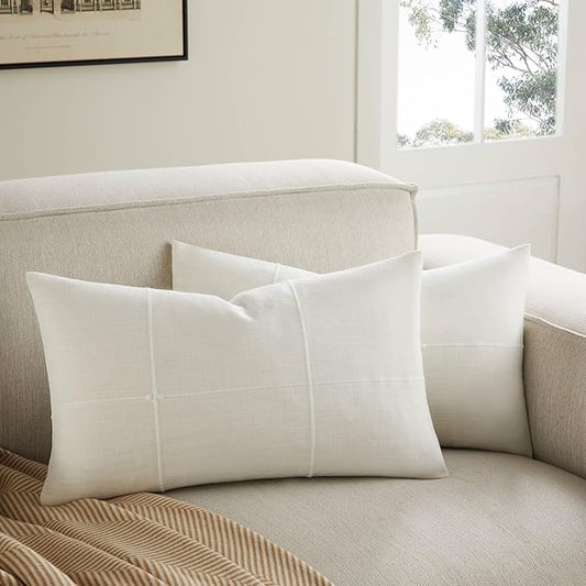 2 Packs Grid Embroidery Lumbar Throw Pillow Covers, 12x20 Inch Off White, Farmhouse Linen Decorative Ivory Cushion Covers for Sofa Bed Living Room Home Decor
