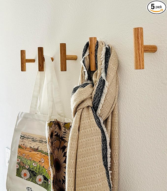 Wooden Coat Hooks, Decorative Wall Hooks for Bags, Hats, Coats, Purse, Heavy Duty, Sturdy, Natural Oak, Easy to Install, Holds Up to 7lbs - Pack of 5