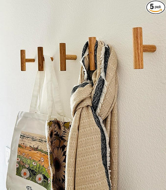 Wooden Coat Hooks, Decorative Wall Hooks for Bags, Hats, Coats, Purse, Heavy Duty, Sturdy, Natural Oak, Easy to Install, Holds Up to 7lbs - Pack of 5