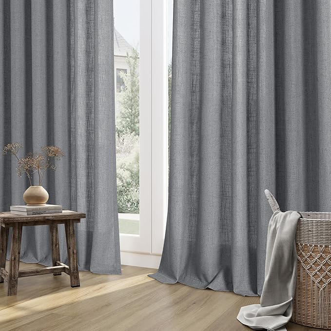 Guken Dark Grey Linen Curtains 108 Inches Long 2 Panel Set Rod Pocket Semi Sheer Dining Room Cozy Bedroom Decor Cotton Look Country Rustic Farmhouse Boho Curtains 52x108