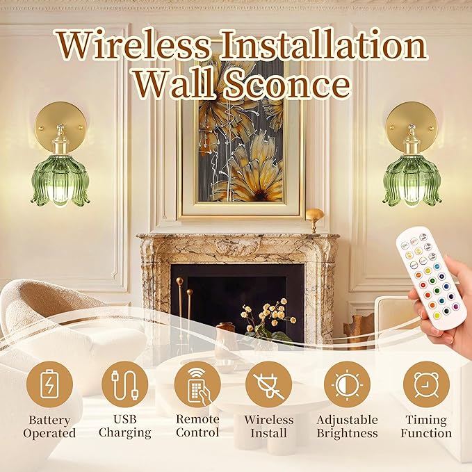 Vintage Battery Operated Wall Sconce with Remote Control,Wall Lamp with Flower lampshade,Rechargeable Battery Powered Wall Lights with 15 Colors for Beside Bedroom Living Room Doorway,Set of 2
