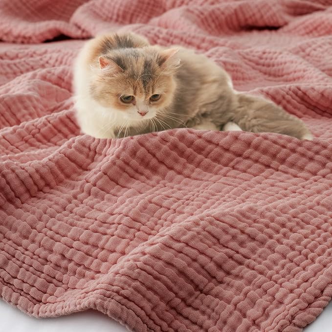 Carriediosa 100% Cotton Muslin Throw Blanket 70" X 80" Twin Size，4-Layers Summer Gauze Throws for Bed Couch，Soft Lightweight Breathable Linen Blankets Bedspread for Adults All Season，Mauve