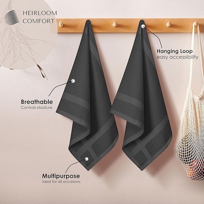 Gray Waffle Kitchen Towels with Hanging Loop, 5 Pack, 100% Cotton, 16"x26", Super Absorbent, Fast Drying Dishcloth Set, Soft for Cleaning Dishes, Hand Towel, Durable, Grey