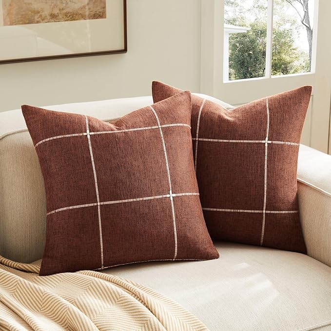 2 Packs Grid Embroidery Throw Pillow Covers, 20x20 Inch Terracota, Farmhouse Linen Decorative Terracota Cushion Covers for Sofa Bed Living Room Home Decor