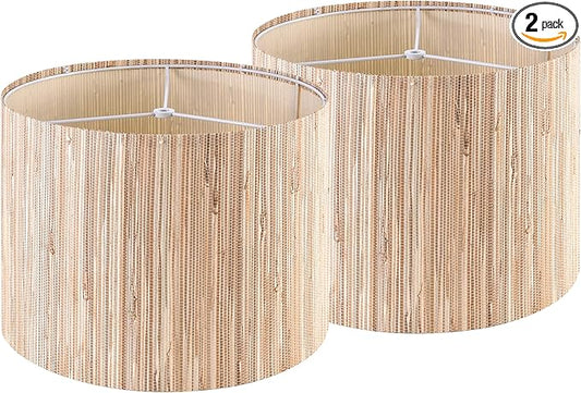 GO&SO 13 IN Drum Boho Lamp Shades Set of 2 Medium, Farmhouse Lamp Shade for Table Lamps Floor Lamp- 13" x 13" x 10" Spider Vintage Lampshade Decor,Natural Straw Shade Replacement,Assembly Required
