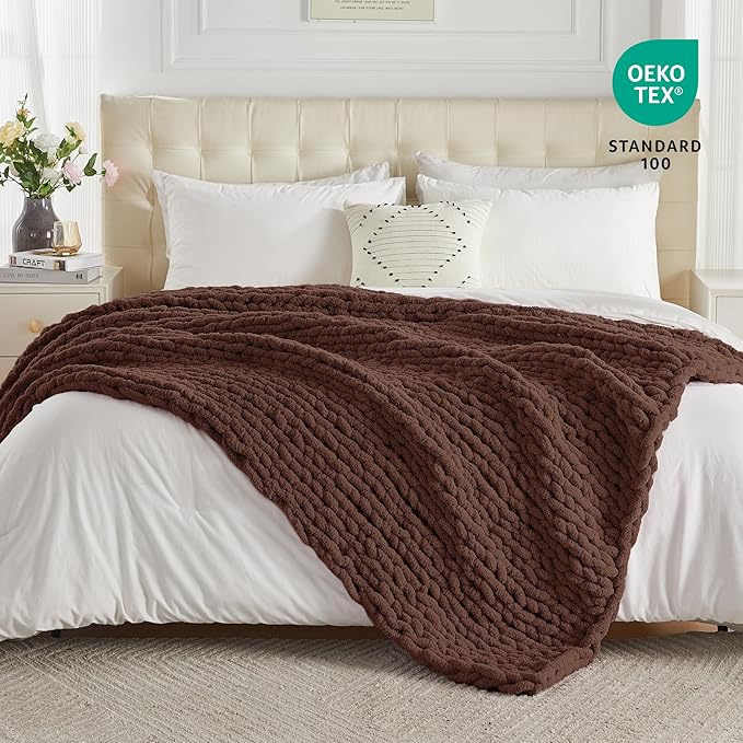 Carriediosa Chunky Knit Throw Blanket 60" X 80" Twin, 100% Hand Made Large Chenille Loop Yarn Soft Fluffy Throws for Couch Sofa Bed, Big Crochet Cozy Heavy Thick Cable Woven Blanket, Cocoa Brown