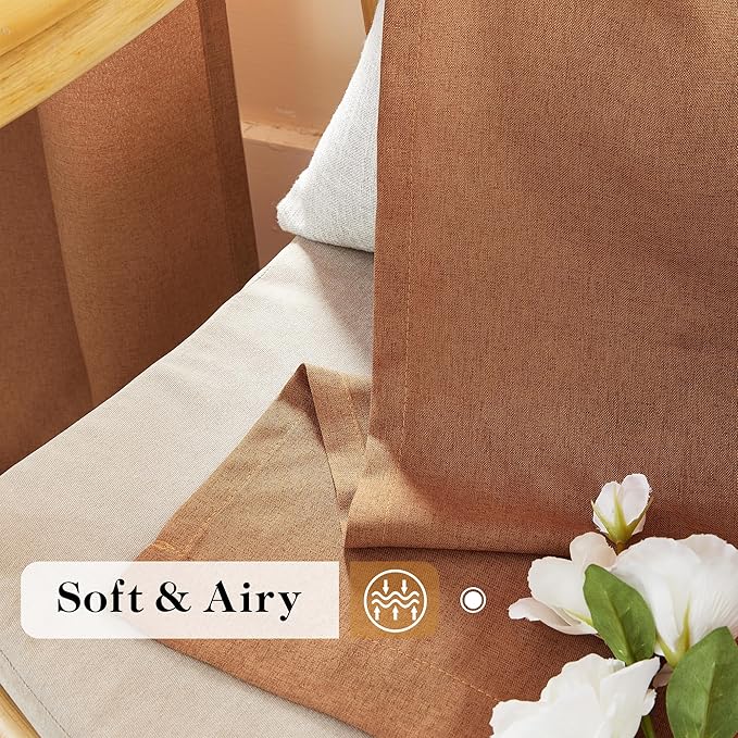 Natural Linen Curtains for Bedroom, Rod Pocket & Back Tab Flax Linen Burlap Semi Sheer Window Drapes Privacy with Light Filtering for Patio Door, W70 x L84, Desert Orange, 2 Pieces