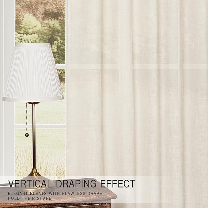 HESTIA White Linen Curtains for Living Room 108 Inch Length 2 Panels Rod Pocket Back Tab Drape Light Filtering Neutral Country Rustic Farmhouse Boho Bedroom Curtain (108" L x 42" W)