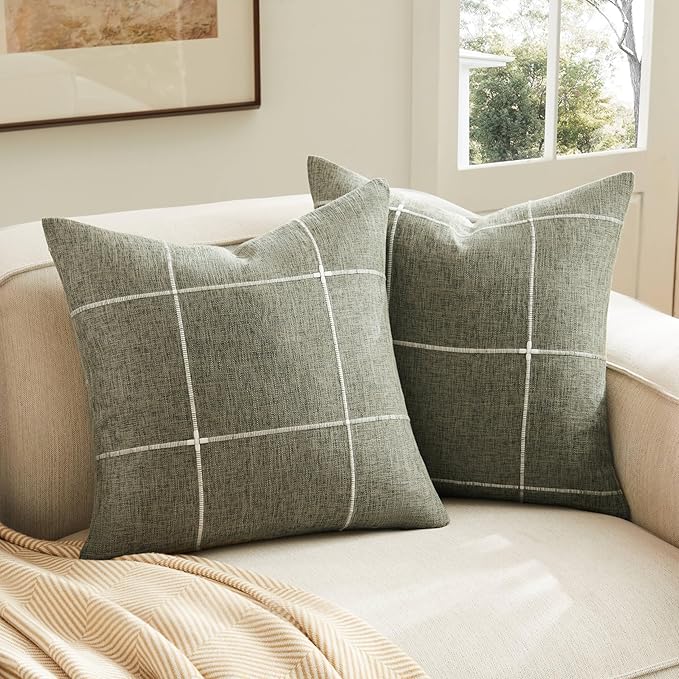 2 Packs Grid Embroidery Throw Pillow Covers, 20x20 Inch Olive, Farmhouse Linen Decorative Olive Cushion Covers for Sofa Bed Living Room Home Decor