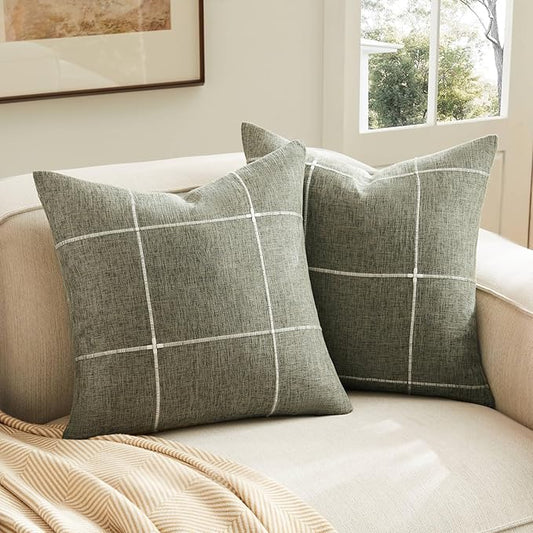 2 Packs Grid Embroidery Throw Pillow Covers, 18x18 Inch Olive, Farmhouse Linen Decorative Olive Cushion Covers for Sofa Bed Living Room Home Decor
