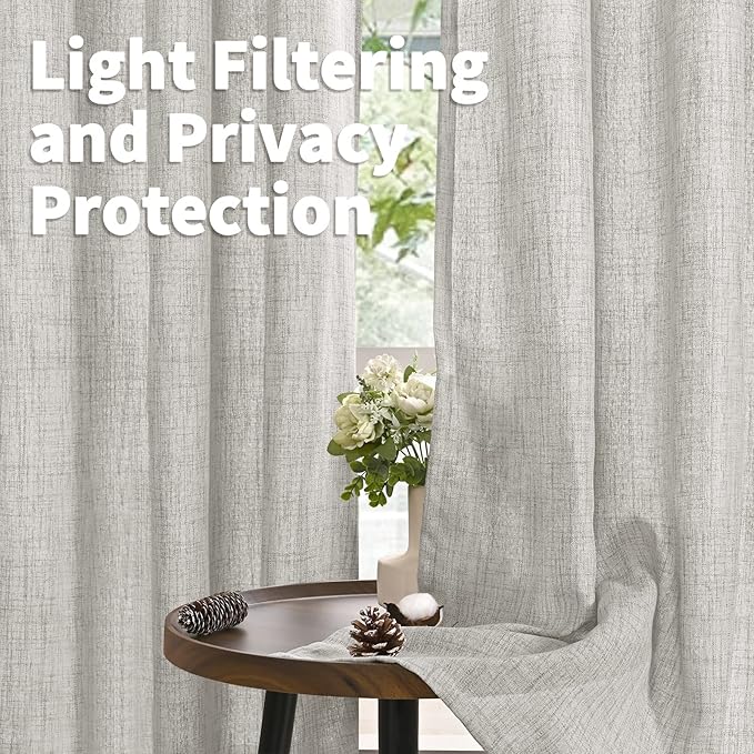 YoungsTex Light Grey Linen Curtains 90 Inch Long for Living Room Rod Pocket Floor Length Window Drapes Light Filtering for Bedroom Dining Privacy, 52 X 90 Inch, 2 Panels