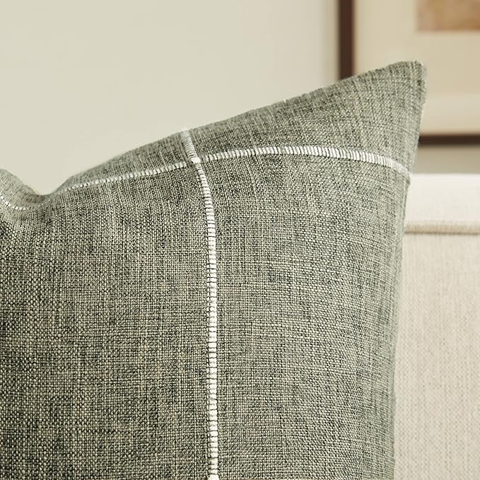 2 Packs Grid Embroidery Throw Pillow Covers, 22x22 Inch Olive, Farmhouse Linen Decorative Olive Cushion Covers for Sofa Bed Living Room Home Decor