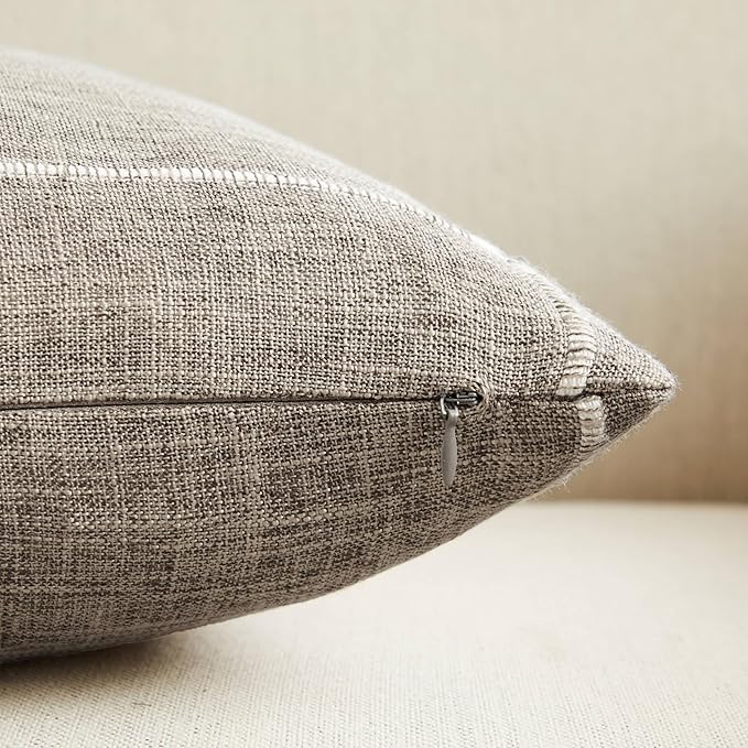 2 Packs Grid Embroidery Throw Pillow Covers, 22x22 Inch Cocoa Brown, Farmhouse Linen Decorative Dark Brown Cushion Covers for Sofa Bed Living Room Home Decor