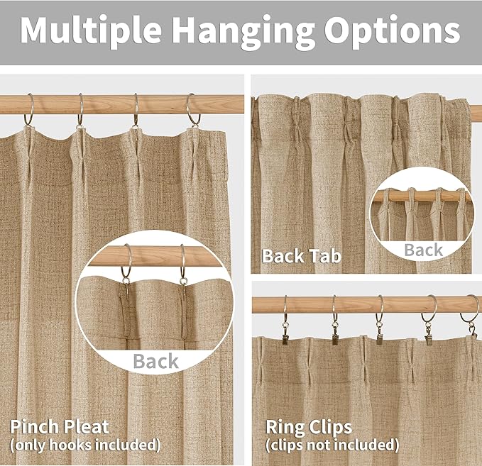 YoungsTex Toffee Linen Semi Sheer Curtains 95 Inch Length 2 Panels for Living Room, Bulap Light Filtering Drapes with Pinch Pleated for Bedroom Dining Farmhouse, 40 X 95 Inch
