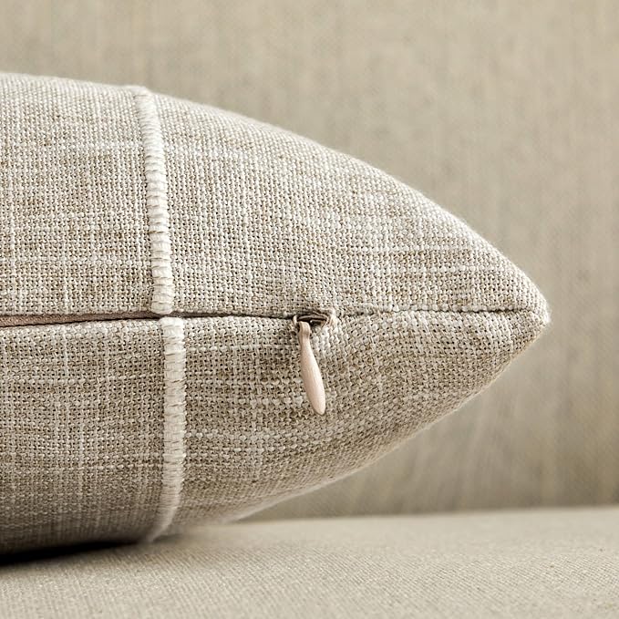 2 Packs Grid Embroidery Throw Pillow Covers, 18x18 Inch Raw Linen, Farmhouse Linen Decorative Beige Cushion Covers for Sofa Bed Living Room Home Decor