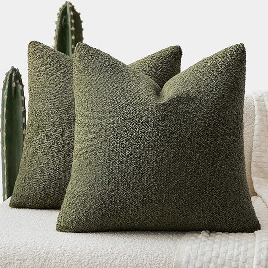 ANRODUO Pack of 2 Textured Boucle Throw Pillow Covers Soft Moss Green Decorative Accent Solid Pillow Cases Cozy Modern Couch Cushion Case for Chair Sofa Bedroom Living Room Home Decor, 18 x 18 Inch