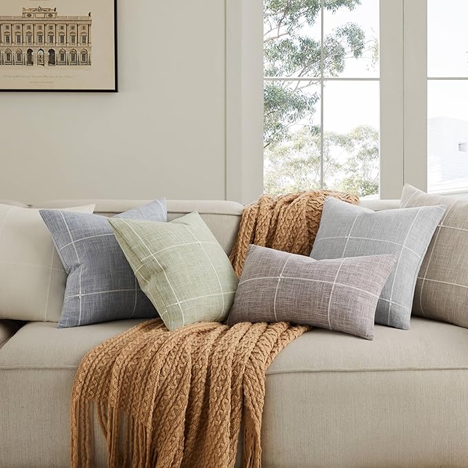 2 Packs Grid Embroidery Lumbar Throw Pillow Covers, 12x20 Inch Light Grey, Farmhouse Linen Decorative Grey Cushion Covers for Sofa Bed Living Room Home Decor