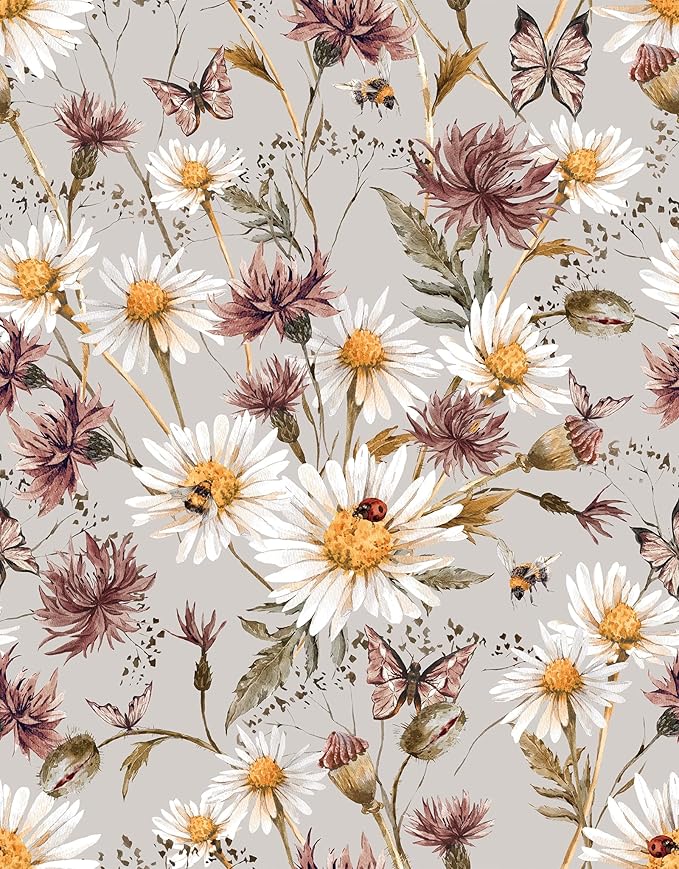 Livelynine 17.5x591" Peel and Stick Wallpaper Floral Purple Gray Daisy Vintage Butterfly Flower Wall Paper for Bathroom Waterproof Retro Wildflower Botanical Contact Paper for Cabinets Self Adhesive