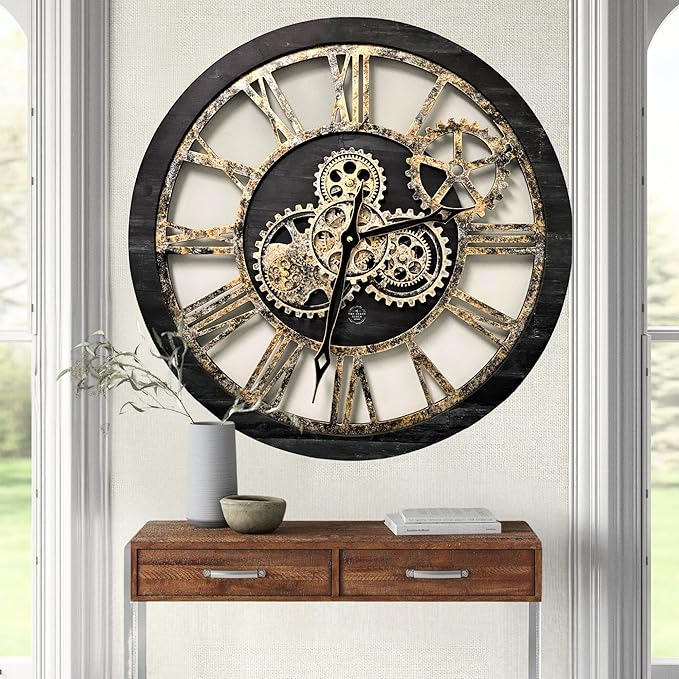 ImprovingLife The Gears Clock The Original Real Moving Gear Wall Clock Vintage Industrial Oversized Rustic Farmhouse (24 inch (60cm), Vintage Black Wood and Bronze)
