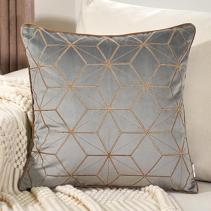 Aeckself Gray Velvet Pillow Cover 16 x 16 Inch, Luxury Modern Square Gold Plaid Geometric Embroidery Decorative Throw Pillow Cover for Couch Living Room Bedroom