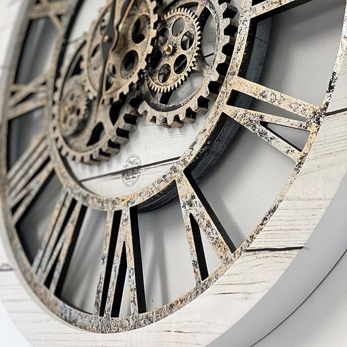 ImprovingLife The Gears Clock The Original Real Moving Gear Wall Clock Vintage Industrial Oversized Rustic Farmhouse (24 inch (60cm),White Farmhouse)