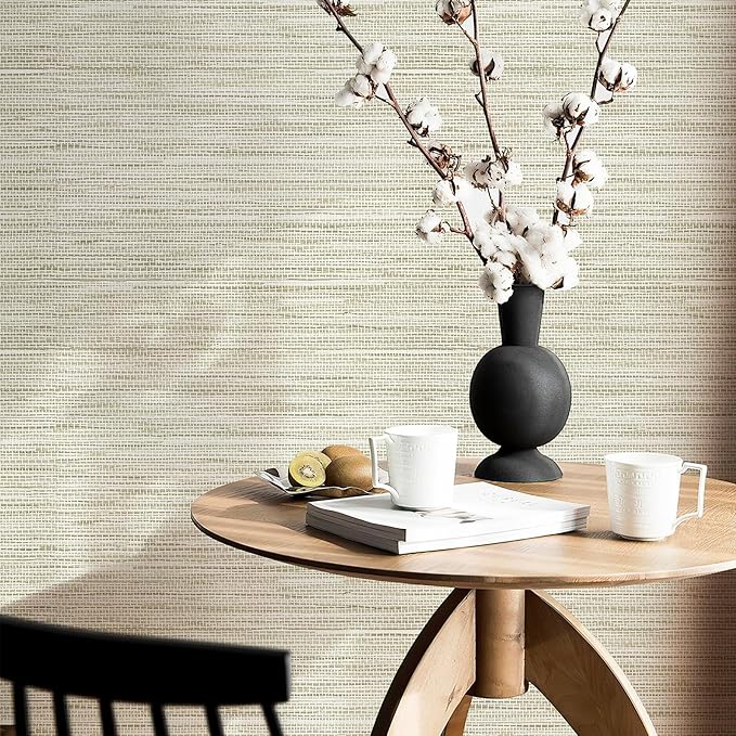 Simon&Siff Cream Textured Grasscloth Peel and Stick Wallpaper 17.7"x394" Neutral Faux Grassweave Waterproof Self Adhesive Removable Wallpaper Mural for Home Decor Bedroom Kitchen Cabinet