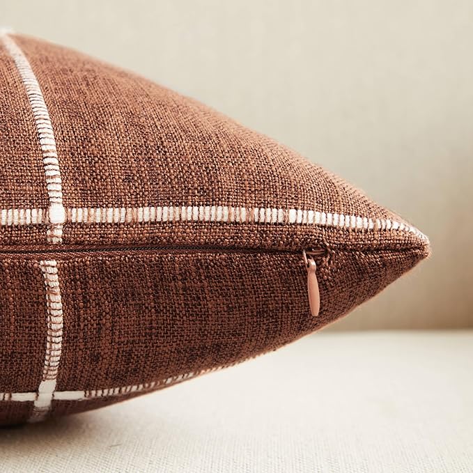 2 Packs Grid Embroidery Throw Pillow Covers, 22x22 Inch Terracota, Farmhouse Linen Decorative Terracota Cushion Covers for Sofa Bed Living Room Home Decor
