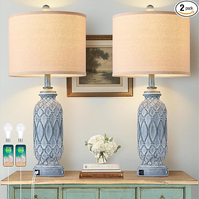 28" Living Room Lamps Set of 2, Farmhouse Lamps for Bedroom with USB A+C Charging Ports, Touch Lamps for Nightstand, 2 Bulbs Included